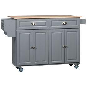 HOMCOM Utility Kitchen Cart, Dark Gray, on Wheels with Drop-Leaf, Rubber Wood Top, Storage Cabinets