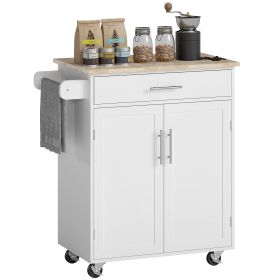 HOMCOM Kitchen Island Cart Rolling Trolley Cart with Drawer, Storage Cabinet & Towel Rack, White