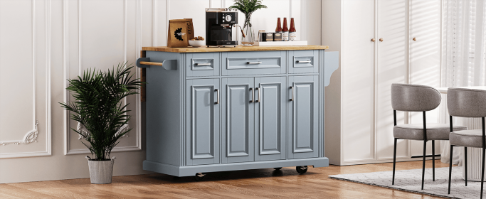 K&K 54inch Large Kitchen Island with Rubber Wood Drop Leaf, Embossed Texture Rolling Kitchen Cart on 4 Wheels with 4 Doors and 3 Drawers