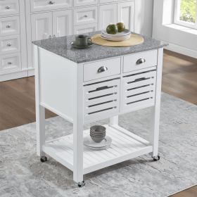 Mobile Rolling Kitchen Island Trolley Serving Cart with Underneath Drawer & Slide-Out Wire Storage Basket (Main Color: White, Main Material: Wood)