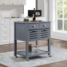 Mobile Rolling Kitchen Island Trolley Serving Cart with Underneath Drawer & Slide-Out Wire Storage Basket (Main Color: Grey, Main Material: Wood)