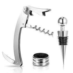 3Pcs Corkscrew Bottle Opener Set Tool Foil Cutter Drip Collar Protector Cork Stopper Wine Bottle Cap Opener (Color: silver)